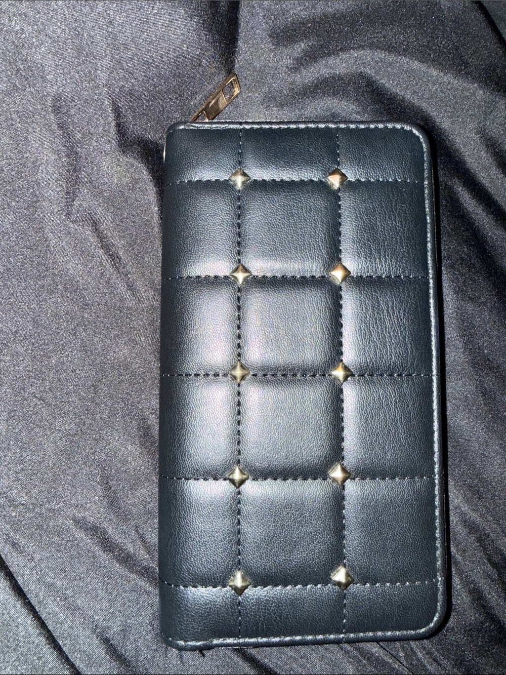 Black Quilted Zip Wallet with Gold Stud Accents